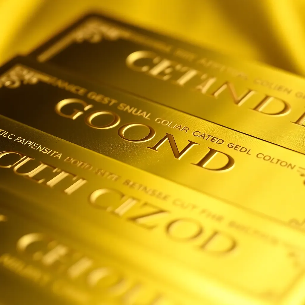 Close-up image of shiny gold bonds certificates with a golden background