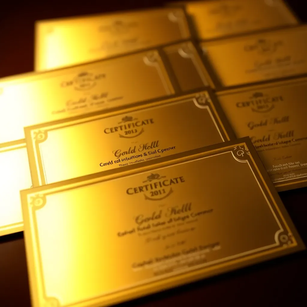 Close-up image of shiny gold bonds certificates with a golden background