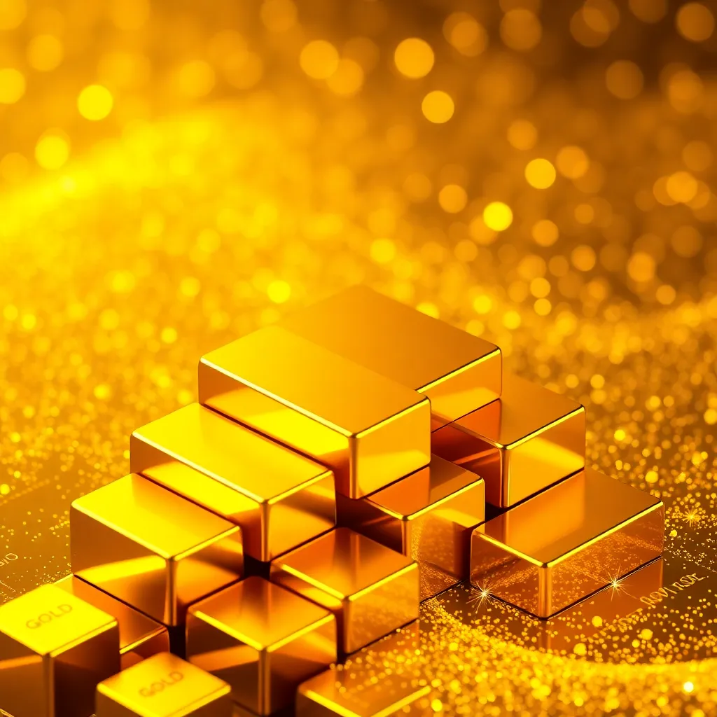 Close-up image of shiny gold bonds certificates with a golden background